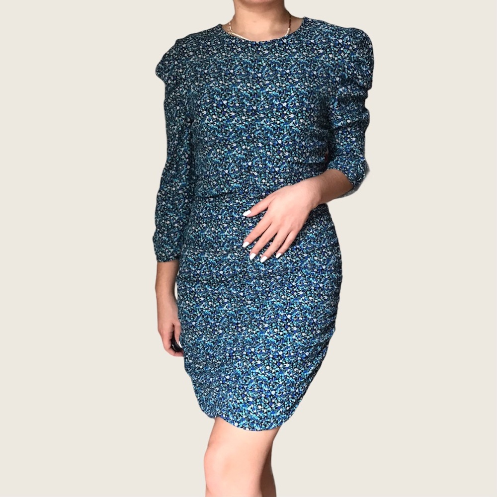 Zara blue floral rouched puff sleeve dress